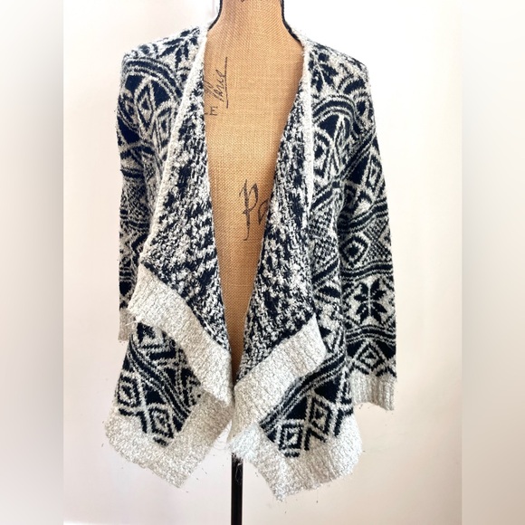 QED London Sweaters - QED London Waterfall Drape-Front Fluffy Knit Open Cardigan, Black Ivory, Gold
